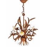 A TOLEWARE FOUR BRANCH HANGING ELECTROLIER decorated with roses and sheaves of wheat