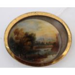 19TH CENTURY FRENCH SCHOOL 'LAC DE PLACIDE', reverse painting on glass, 3.5cm x 4.5cm oval