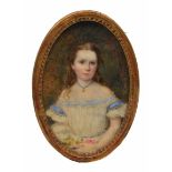 19TH CENTURY ENGLISH SCHOOL, PORTRAIT MINIATURE of a young girl holding a flower posy in her lap, on