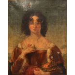 A 19TH CENTURY CONTINENTAL SCHOOL: PORTRAIT OF A LADY wearing red dress and holding a basket of