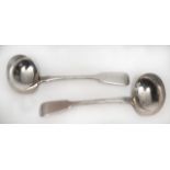 A PAIR OF VICTORIAN SILVER FIDDLE PATTERN SAUCE LADLES, marks for 'London, 1851' and makers mark