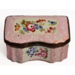 A GEORGE III PINK GROUND STAFFORDSHIRE ENAMEL SNUFF BOX with serpentine front with vignettes of
