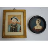 A PORTRAIT MINIATURE ON IVORY of Henry VIII, 9.8cm x 7.4cm together with a circular portrait