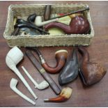 A BOX OF TEN JAMAICAN LA TROPICAL DE LUXE CIGARS together with three Meerschaum pipes, three clay