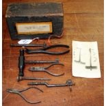 A GROUP OF LATE 18TH/EARLY 19TH CENTURY DENTISTRY TOOLS in an old pine box