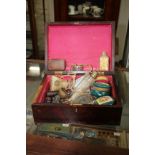 A VICTORIAN MAHOGANY JEWELLERY BOX and a quantity of various bijouterie, bottles, jars and further