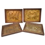 TWO ANTIQUE BRASS RELIEFS FEATURING INTERIOR PUB SCENES, 30cm x 37cm together with two further