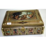 A LARGE DECORATIVE CASKET STYLE BISCUIT TIN, the lid decorated with a print of a painting 'After