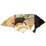 NINE ANTIQUE AND LATER FANS to include a 19th century carved bone fan with pierced decoration, 15.