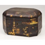 A 19TH CENTURY JAPANESE LACQUERED TWIN SECTION OCTAGONAL TEA CADDY having pewter canisters and