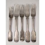 THREE VICTORIAN SILVER FORKS with marks for London and makers mark of J.W. together with two further