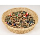A GOOD COLLECTION OF ANTIQUE CLAY AND GLASS MARBLES