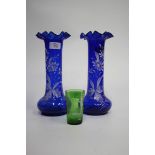 A PAIR OF VICTORIAN COBALT BLUE GLASS MARY GREGORY STYLE VASES with frilly rims, 27cm high, together