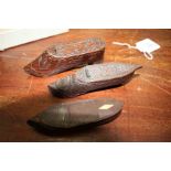 18TH OR 19TH CENTURY CARVED TREEN SNUFF BOXES in the form of ladies shoes or slippers, the largest