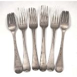 A SET OF SIX LATE 18TH/EARLY 19TH CENTURY OLD ENGLISH PATTERN SILVER TABLE FORKS, marks for