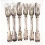 FOUR 19TH CENTURY SILVER DESSERT FORKS with marks for London and Mary Chawner together with two