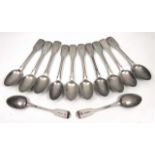 A SET OF 12 VICTORIAN FIDDLE PATTERN SILVER TEASPOONS, each with marks for London, dated either 1863