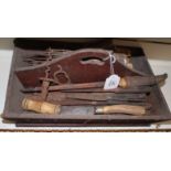 A VICTORIAN CUTLERY TRAY with a quantity of various 19th century forks and knives and an old