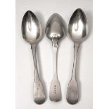 THREE SILVER FIDDLE PATTERN DESSERT SPOONS with marks for London, 1814 and makers mark of I.P.G.P