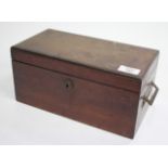 A 19TH CENTURY MAHOGANY CAMPAIGN TYPE TEA CADDY with inset handles to the side and Bramah lock,