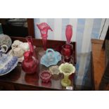 A COLLECTION OF CRANBERRY AND BLACK VASELINE GLASS WARE, vases, bowls etc