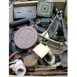 A BOX OF MISCELLANEOUS ITEMS to include a rosewood rule, leather bags, drawing instruments etc