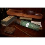 AN OLD BRASS THREE DRAW TELESCOPE, together with a tin whistle, two box sets of knives etc