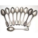 NINE VARIOUS GEORGIAN AND LATER FIDDLE PATTERN SILVER DESSERT SPOONS all with marks for London