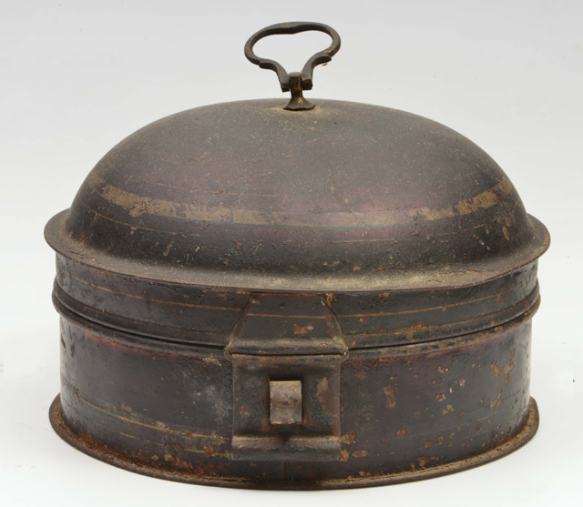 A VICTORIAN TOLEWARE DOME TOPPED CYLINDRICAL SPICE BOX, the interior with fitted compartments,