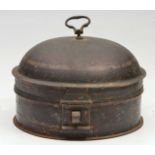 A VICTORIAN TOLEWARE DOME TOPPED CYLINDRICAL SPICE BOX, the interior with fitted compartments,