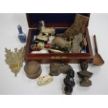 A VICTORIAN MAHOGANY BOX containing various miscellaneous bijouterie to include two Spelter lions,