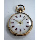 AN EARLY 20TH CENTURY LADIES 14 CARAT GOLD POCKET WATCH, the white dial with maroon Roman numerals