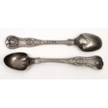 A PAIR OF VICTORIAN SILVER KINGS PATTERN EGG SPOONS with marks for London, 1839 and makers mark of