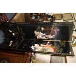 A CHINESE SIX FOLD BLACK LACQUERED PAINTED AND SOAPSTONE INSET SCREEN decorated with figures