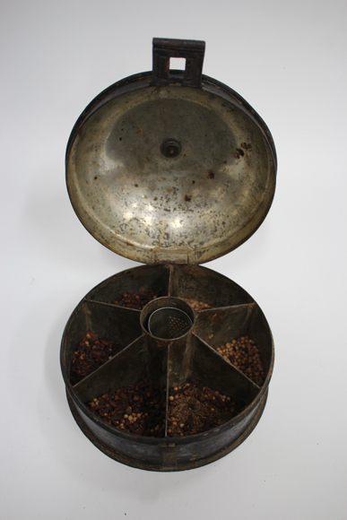 A VICTORIAN TOLEWARE DOME TOPPED CYLINDRICAL SPICE BOX, the interior with fitted compartments, - Image 2 of 2