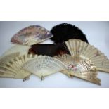 A COLLECTION OF NINE VARIOUS ANTIQUE IVORY AND BONE OSTRICH FEATHER AND OTHER FANS, the largest 26.