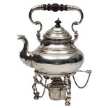 AN EARLY 20TH CENTURY SILVER TEA KETTLE ON STAND, the kettle with turned wooden scrolling handle and