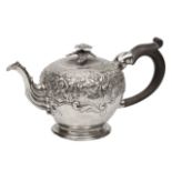 A GEORGE II SILVER BULLET SHAPED BACHELORS TEAPOT with later flower knop and chased and engraved