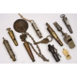 A COLLECTION OF VINTAGE WHISTLES to include J Hudson & Co 1943 military whistle, a 19th century