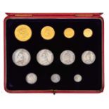 A CASED QUEEN VICTORIAN 1887 JUBILEE GOLD AND SILVER COIN SET from a gold £5 coin to a silver