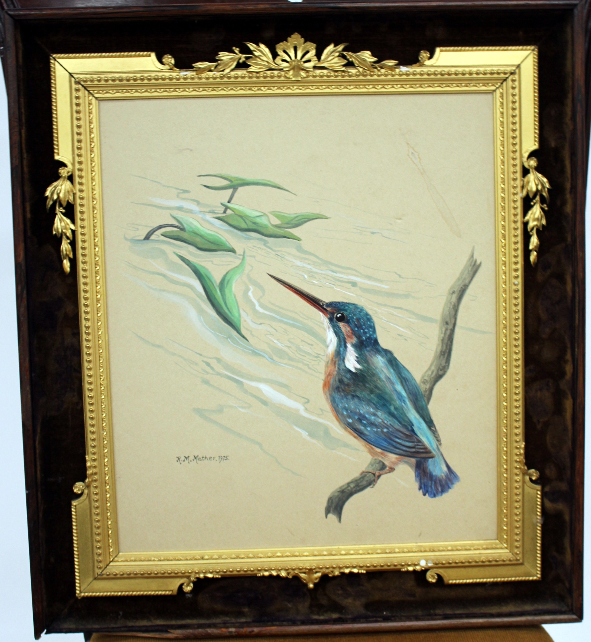 R.M. MATHER, 1975 Kingfisher on his perch, watercolour in a decorative gilt frame, 36cm x 29cm