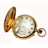 AN 18TH CARAT GOLD CASED J.W BENSON FULL HUNTER POCKET WATCH, the enamelled dial with Roman numerals