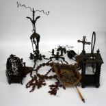 A PAIR OF 19TH CENTURY BRONZE TABLE DECORATIONS each with cast cranes, birds and rams head
