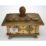 A LATE 19TH/EARLY 20TH CENTURY ALABASTER LIDDED BOX with turned knob handle and parquetry