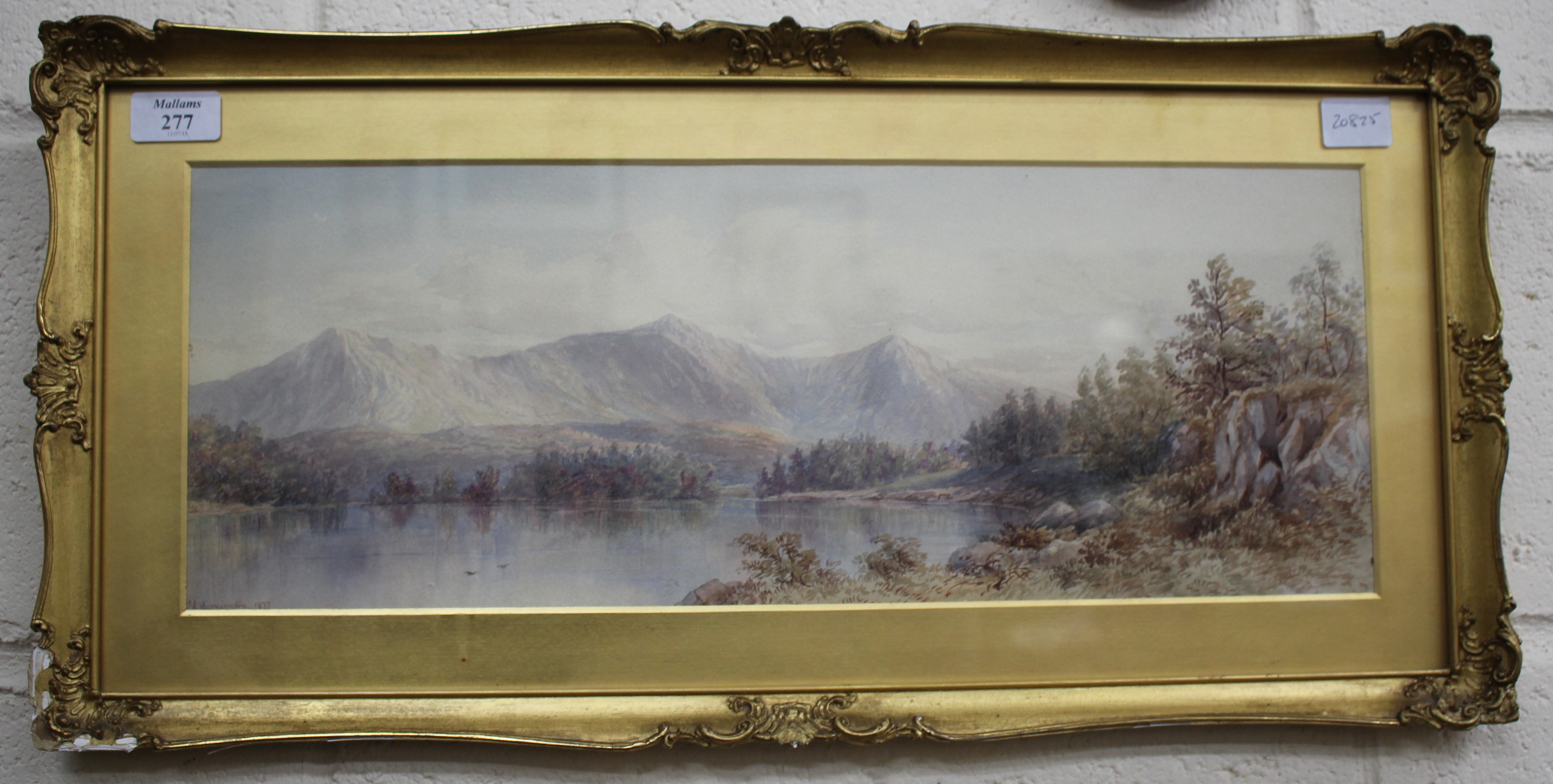 WARRINGTON, HIGHLAND VIEW, signed lower left and dated 1877 watercolour 18.5cm x 50.5cm