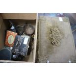 A GROUP OF MISCELLANEOUS ITEMS to include a hardstone box, table lighter, various pastry moulds,