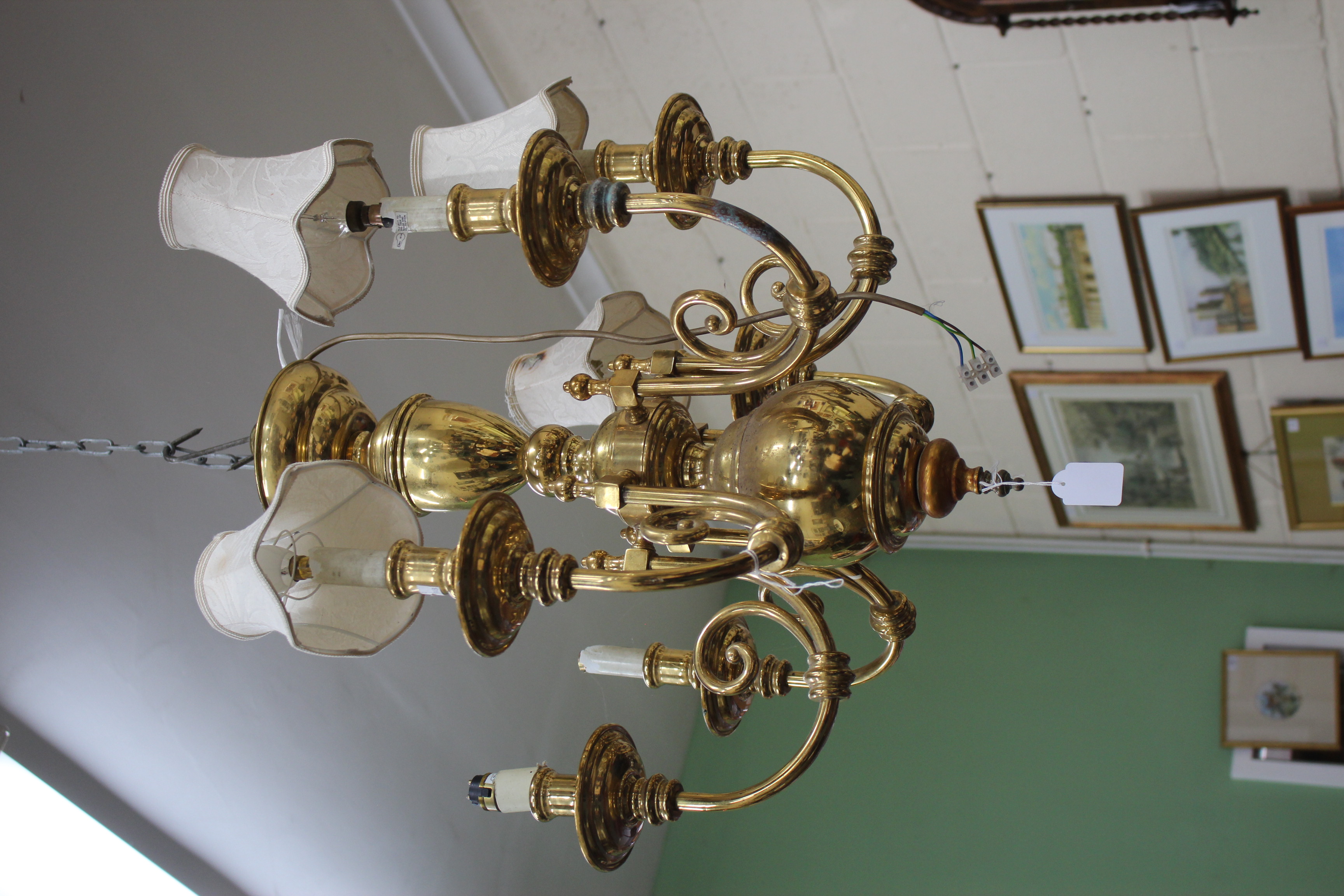 A LATE 19TH/EARLY 20TH CENTURY BRASS SIX BRANCH ELECTROLIER, approximately 62cm wide