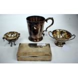 A SMALL SILVER TROPHY CUP, a silver cigarette case, a silver plated pint tankard plus a silver