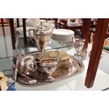 A COLLECTION OF SILVER PLATED ITEMS to include teaset, silver plated collectors spoons