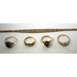 A LATE 19TH/EARLY 20TH CENTURY 9CT GOLD CHIP DIAMOND AND SAPPHIRE SET DRESS RING, three further gold